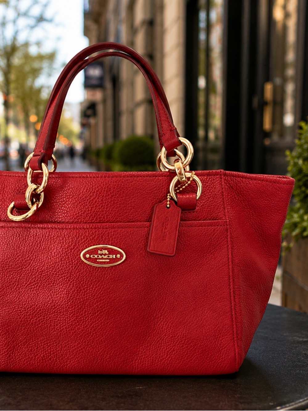 Coach Red Pebbled Leather Tote with Gold-Tone Chain Accents